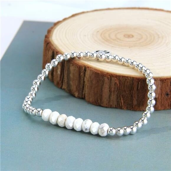 Silver Stretch Bracelet for Women - Crystal Turquoise Beaded Bracelet - Picture 2 of 4